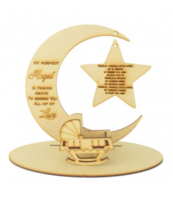 Laser Cut 'My Perfect Angel In Heaven Above' Moon Plaque in a Stand with Hanging Star and a Miniature Baby Crib