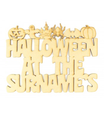 Laser Cut Personalised 'Halloween at the...' Sign with Halloween Shapes along the top