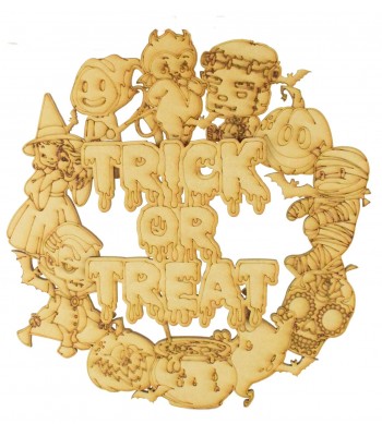 Laser Cut Detailed Halloween Characters Wreath with 3D Trick or Treat Sign