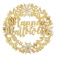 Laser Cut Detailed Bats, Spider Webs and Stars Wreath with 3D 'Happy Halloween' Sign