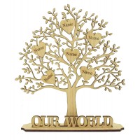 Laser Cut Oak Veneer Family Tree on a stand with Personalised Engraved Hearts - Options