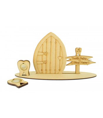 Laser Cut Tooth Fairy Door on a Stand with Tooth £1 and £2 Holders - Heart Design