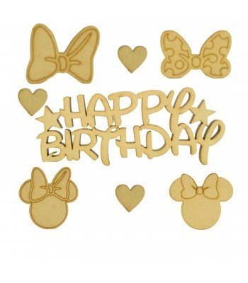 Laser Cut 3mm 'Happy Birthday' Wording With Girl Mouse Themed Shapes To Fit Our Treat Boxes 