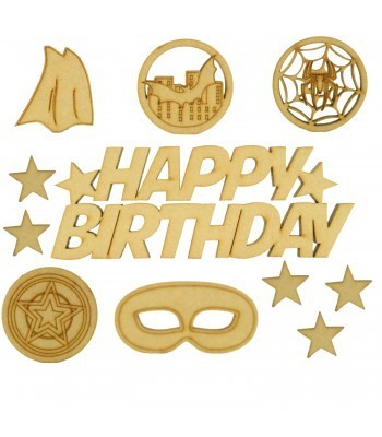Laser Cut 3mm 'Happy Birthday' Wording With Superhero Themed Shapes To Fit Our Treat Boxes 