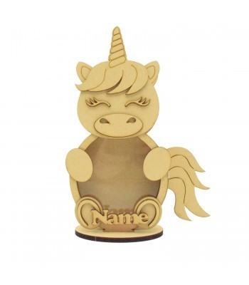 Personalised 18mm Re Fillable Money Box Drop Box - Laser Cut 3mm 3D Design On 6mm Stand - Unicorn Design