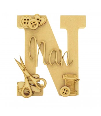 18mm Freestanding Letter With Seperate 3mm 3D Script Name And Themed Shapes - Sewing Theme